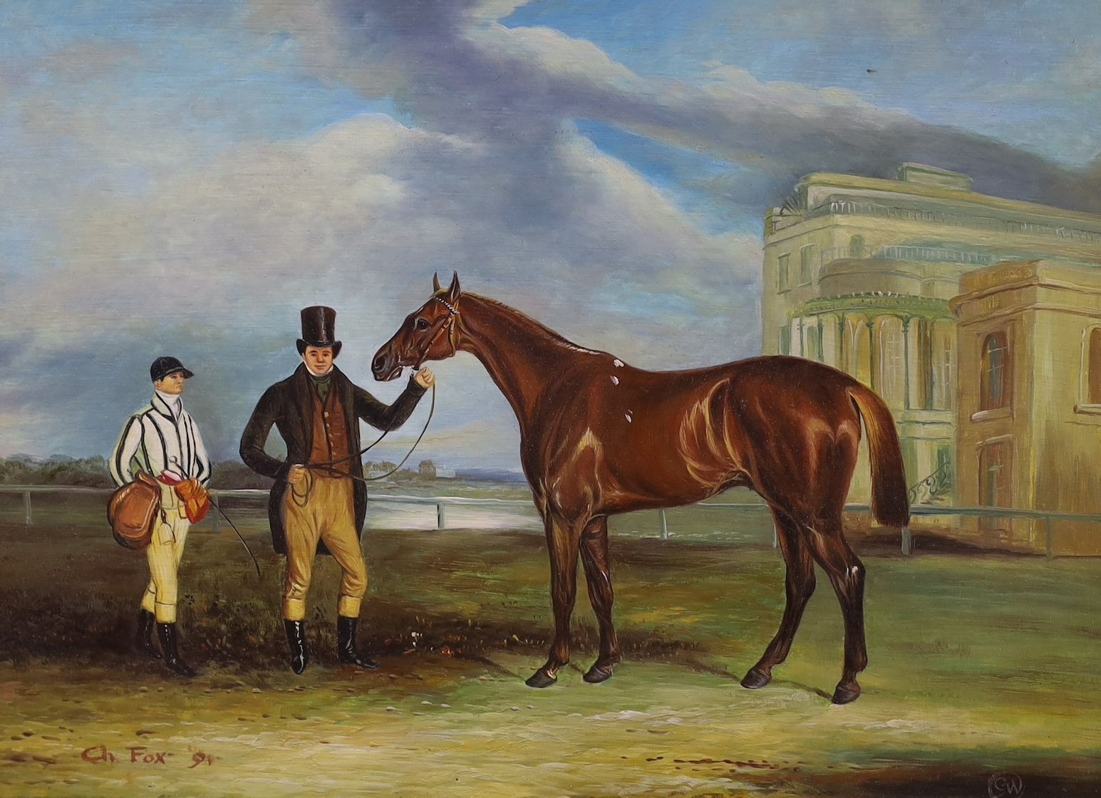 Two modern Victorian style oils on board, Racehorse owner and jockey and Figures beside a stable, 30 x 40cm, frames differ